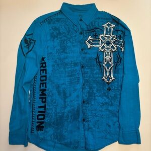 Men’s affliction raw state cross/ wings Y2K button up shirt